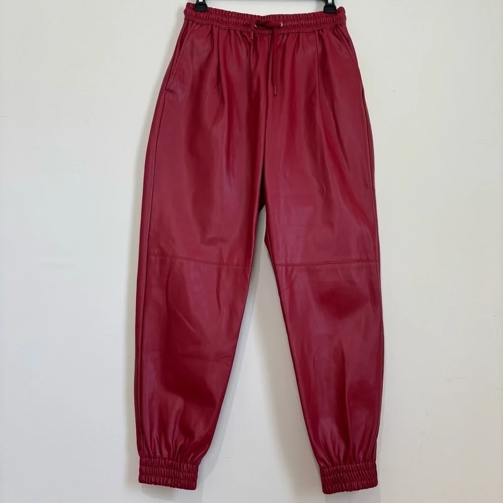 Zara Red High Rise Faux Leather Relaxed Fit pull on Preppy Jogger Pants XS/W26